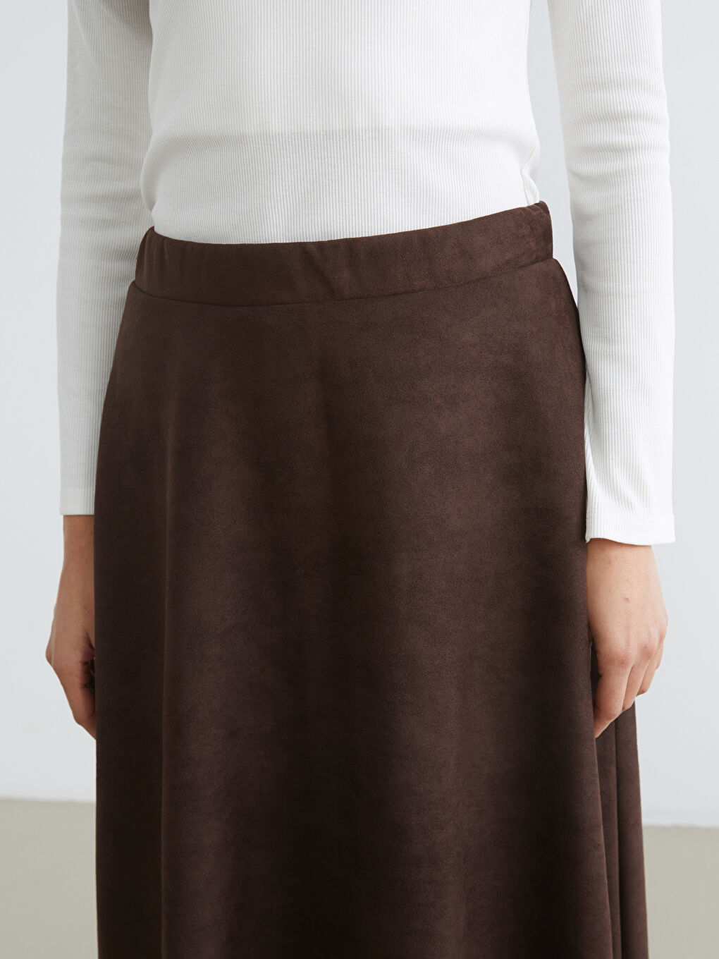 Kahverengi Beli Lastikli Süet Görünümlü Etek-2
