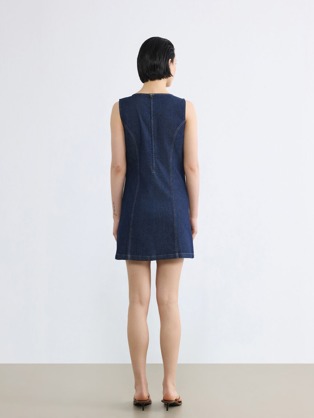 İndigo Bisiklet Yaka Mini Jean Elbise-3