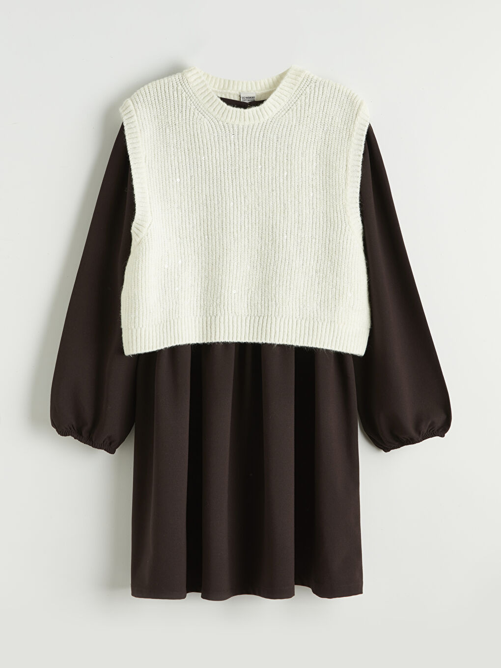 Ekru Bisiklet Yaka Kız Çocuk Elbise ve Triko Süveter