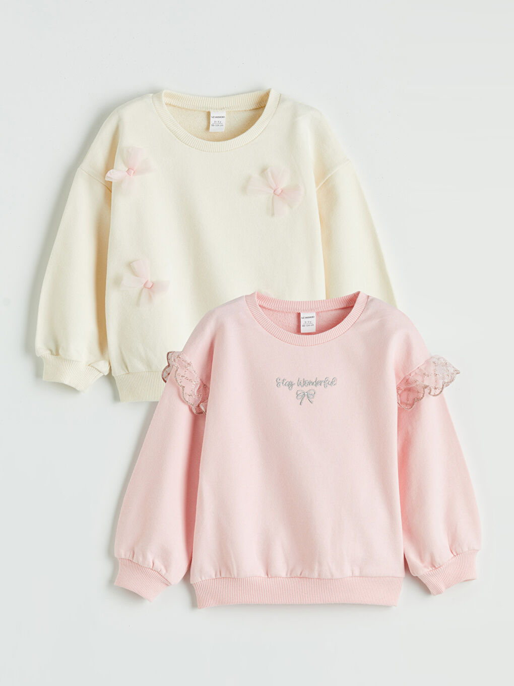 Ekru Bisiklet Yaka Nakışlı Kız Çocuk Sweatshirt 2'li