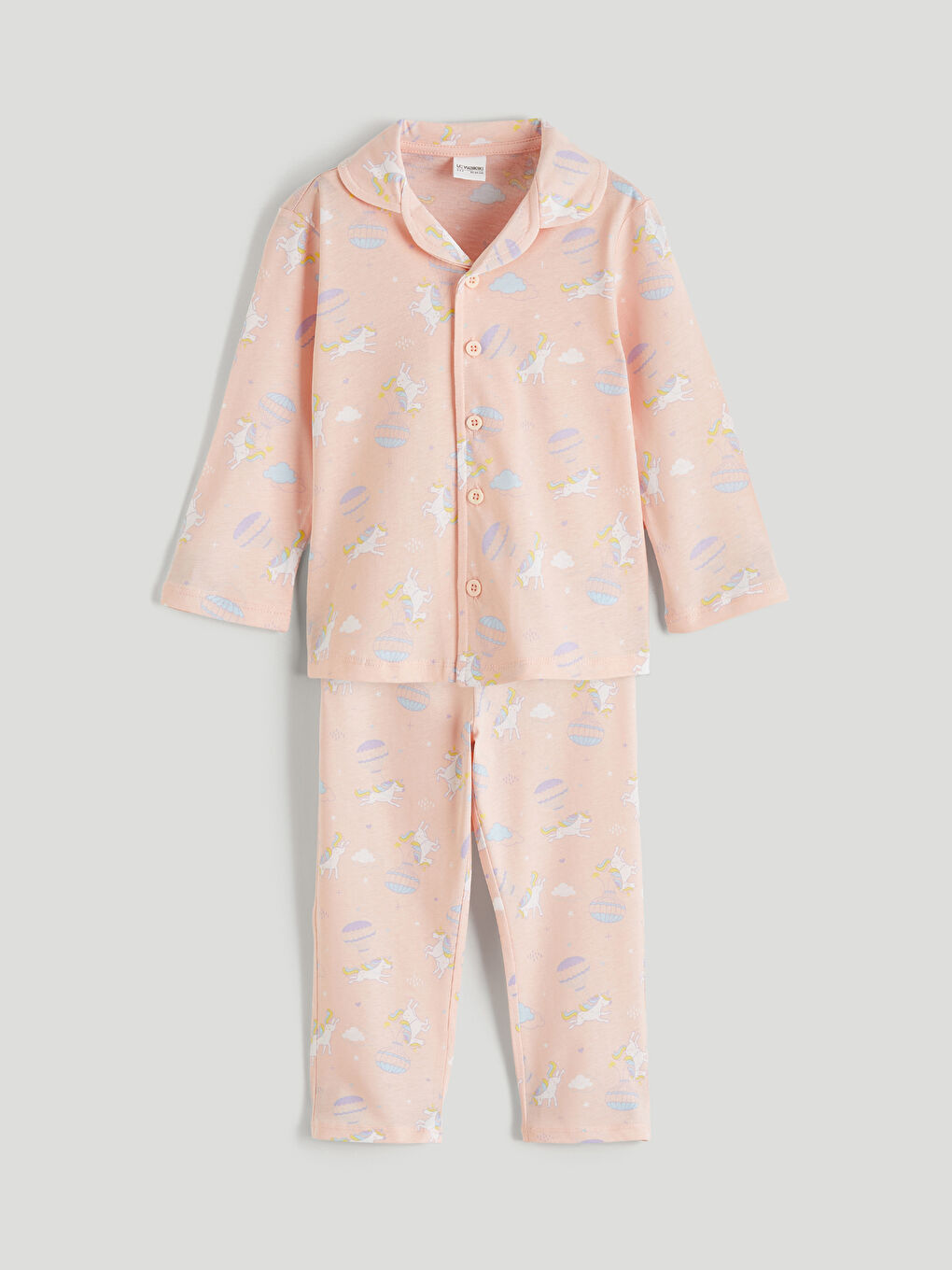Pembe Gömlek Yaka Baskılı Kız Çocuk Pijama Takımı