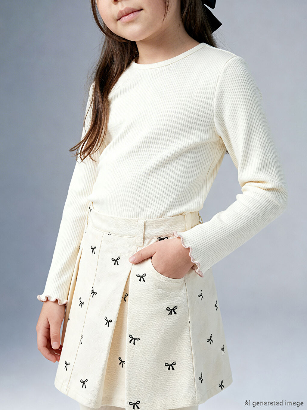 Ekru Bisiklet Yaka Kız Çocuk Uzun Kollu Tişört-1