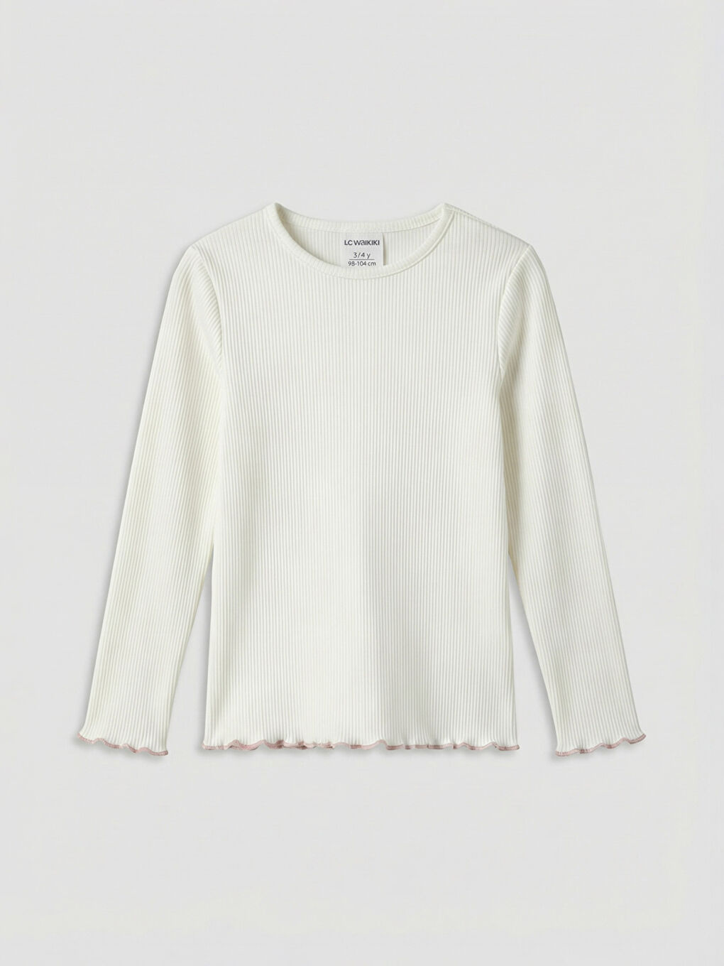 Ekru Bisiklet Yaka Kız Çocuk Uzun Kollu Tişört