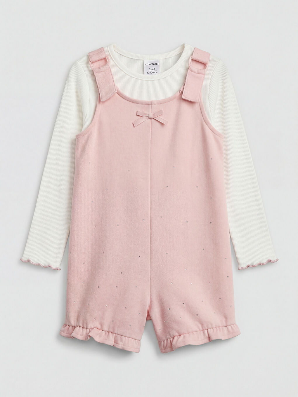 Bow Detailed Stone Embellished Girls' Short Dungarees and T-shirt-1