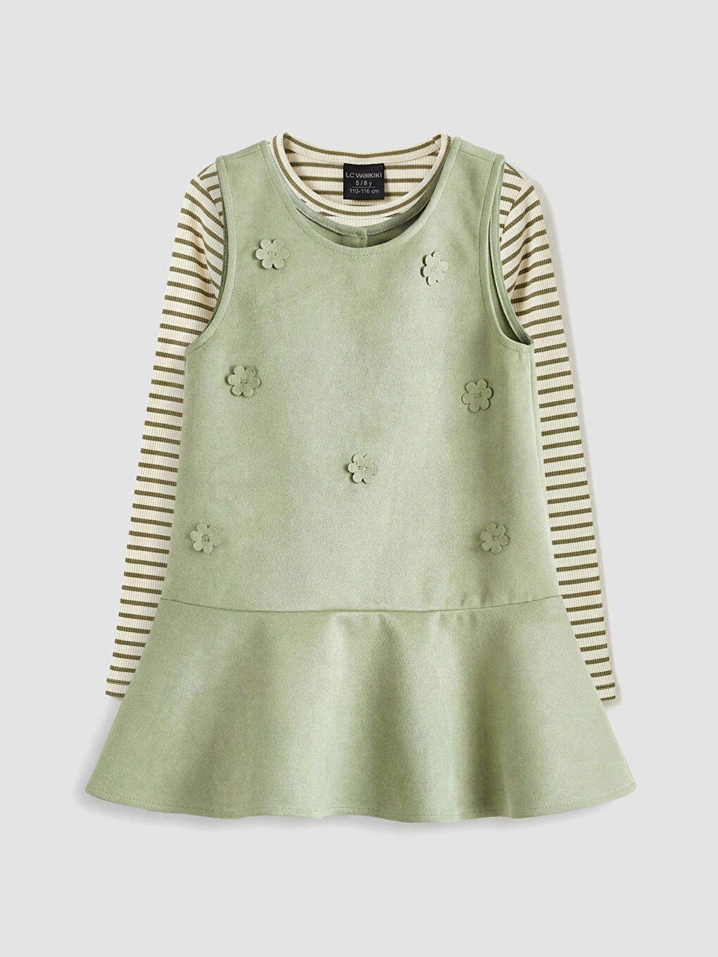 Yeşil Çiçekli Kız Çocuk Elbise Takımı