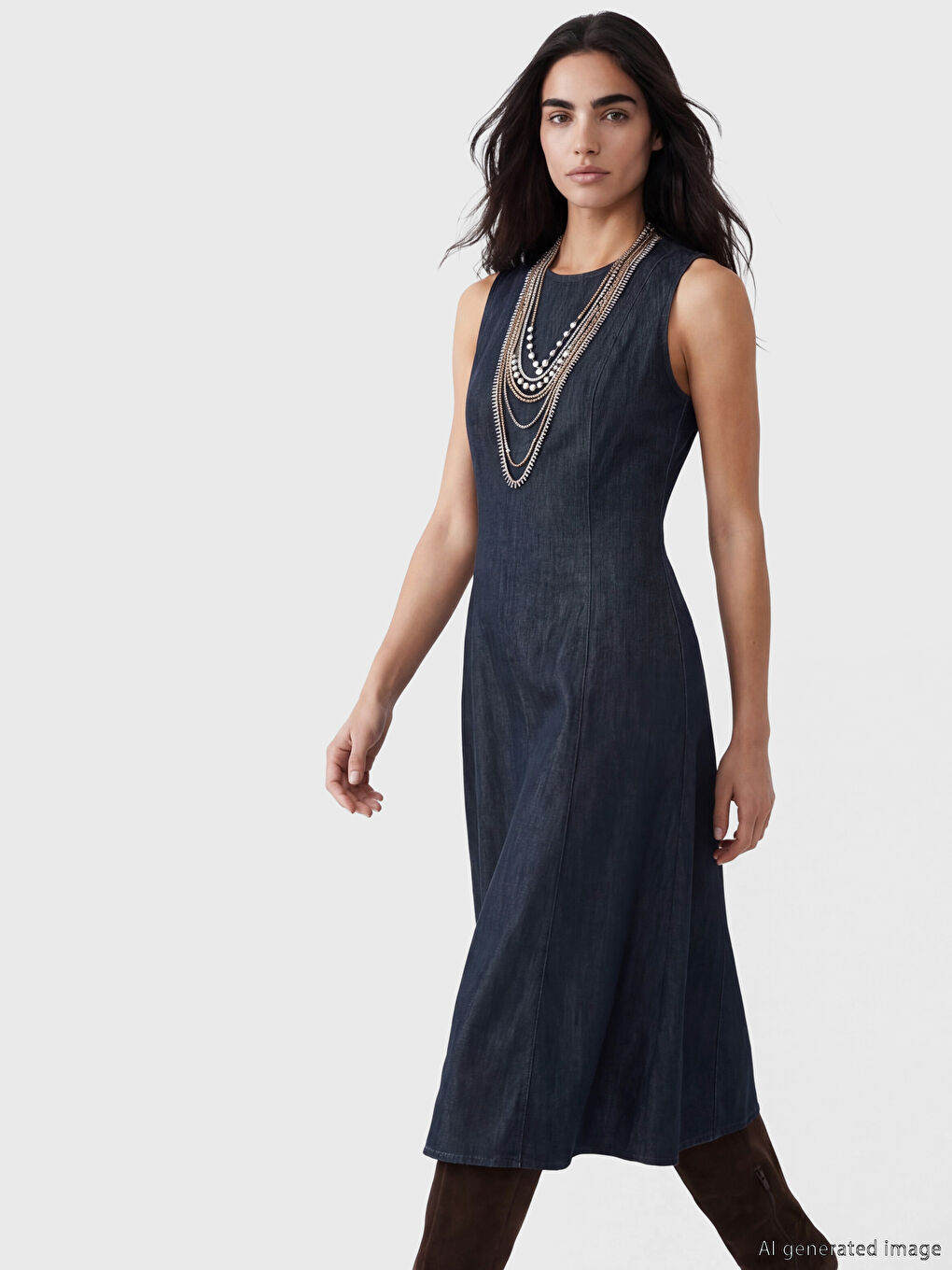 İndigo A Kesim Midi Jean Elbise-1