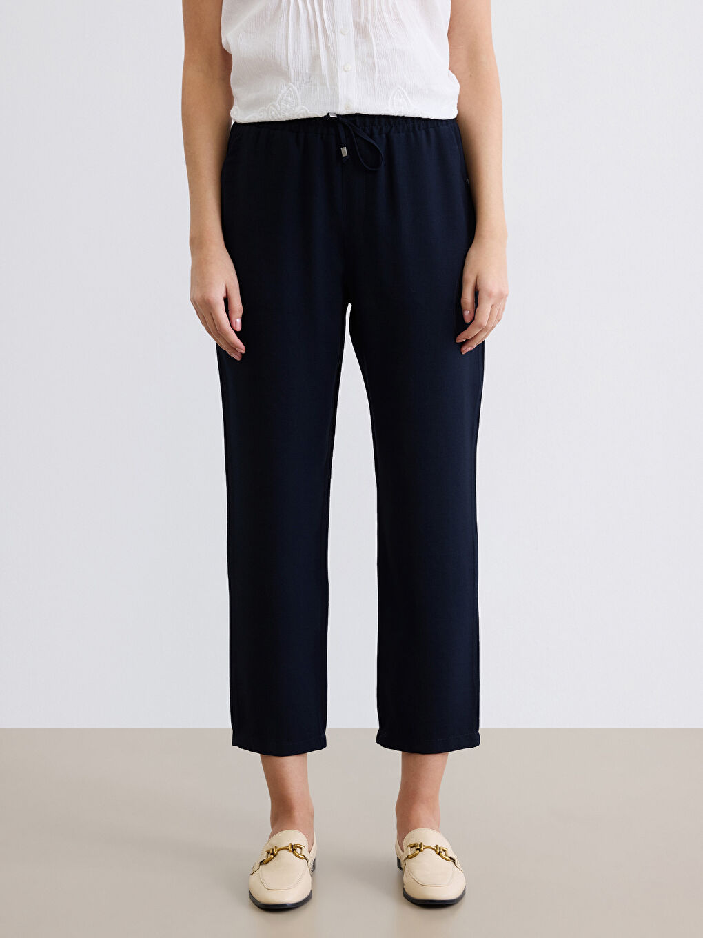 Lacivert Beli Lastikli Loose Fit Kadın Pantolon-1