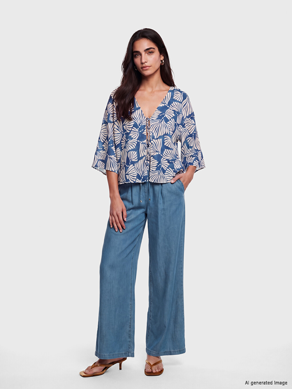 İndigo Beli Lastikli Wideleg Fit Kadın Jean Pantolon