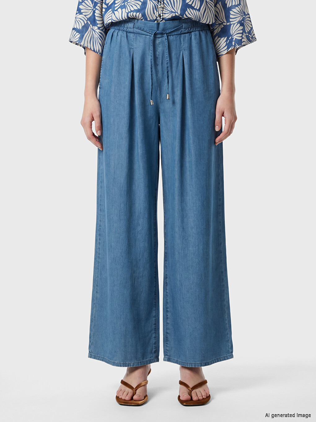 İndigo Beli Lastikli Wideleg Fit Kadın Jean Pantolon-1