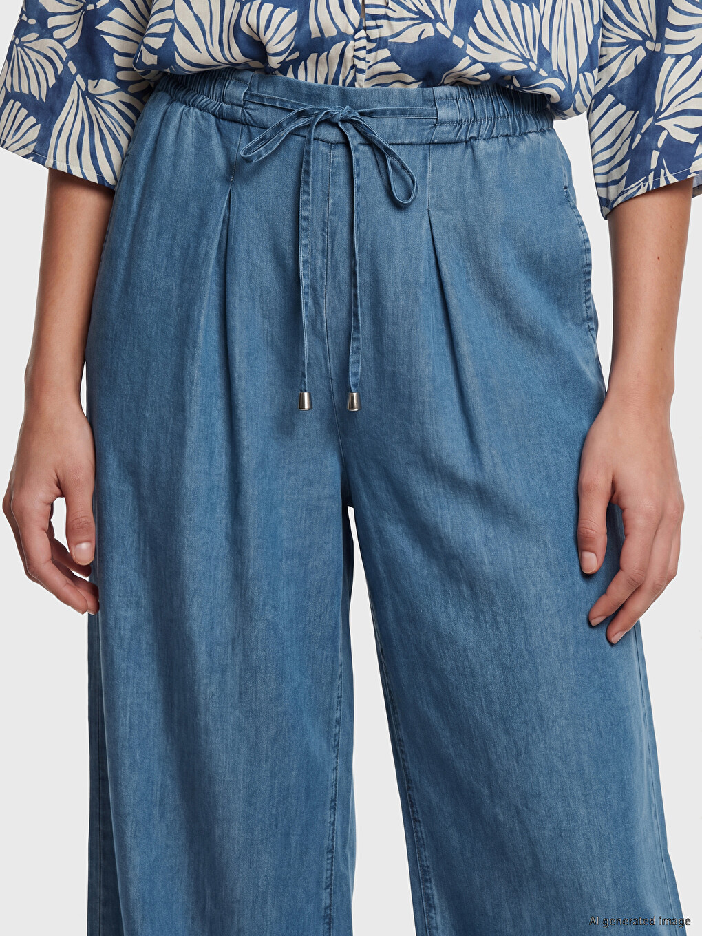 İndigo Beli Lastikli Wideleg Fit Kadın Jean Pantolon-2