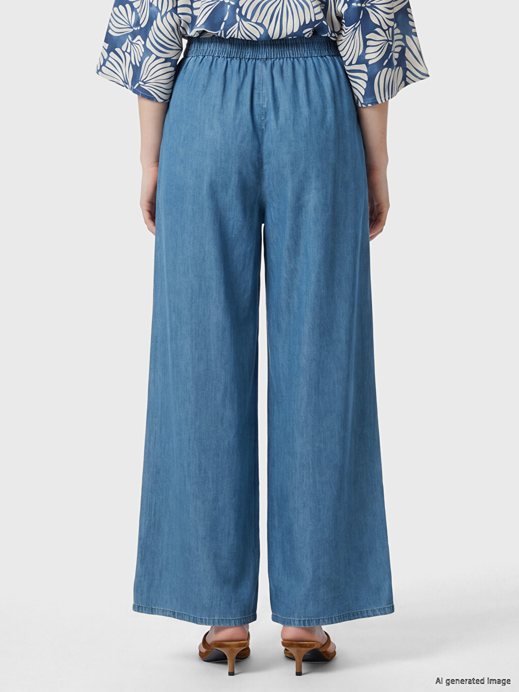 İndigo Beli Lastikli Wideleg Fit Kadın Jean Pantolon-3