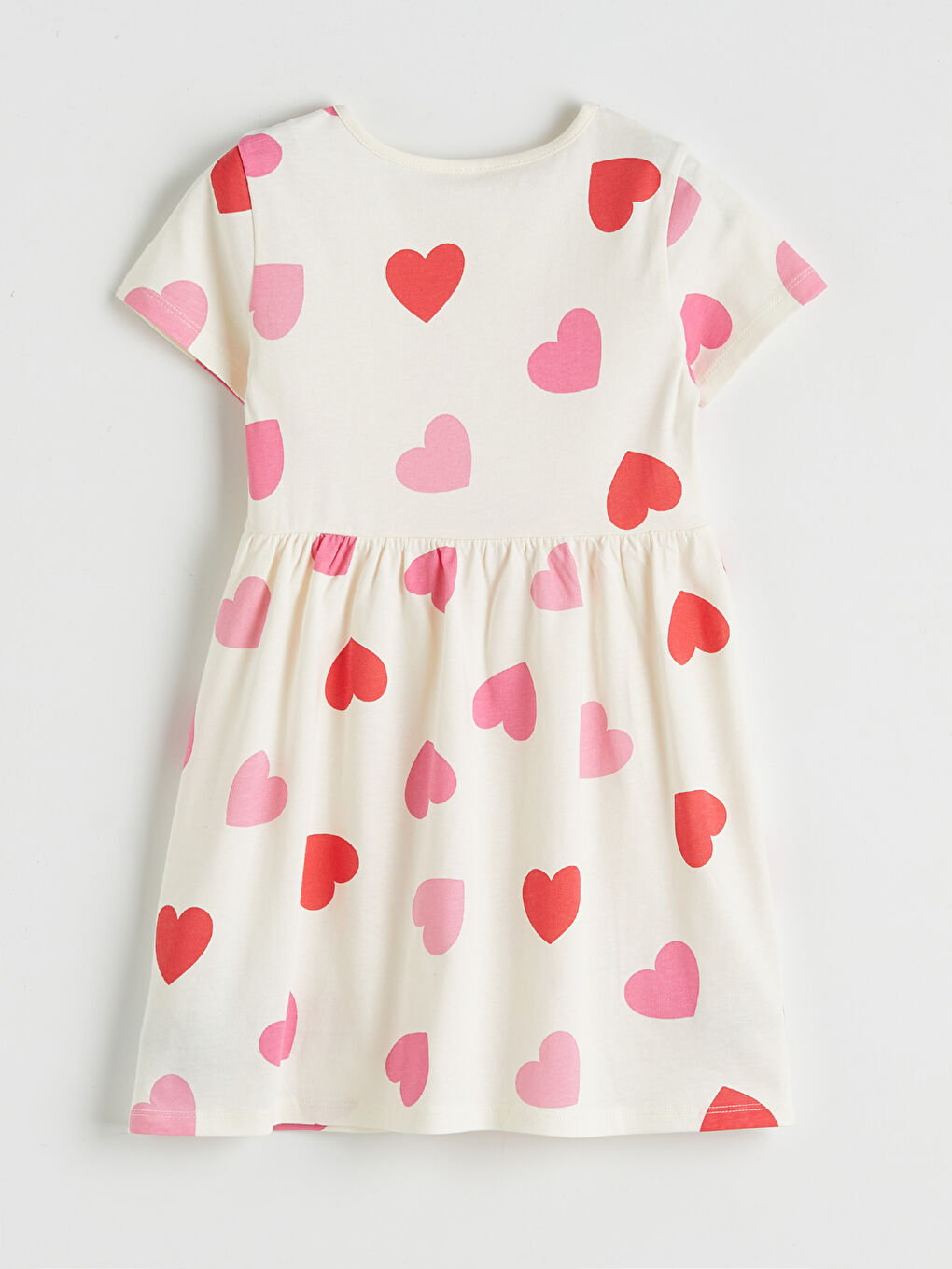 Ekru Bisiklet Yaka Kalp Baskılı Kız Çocuk Penye Elbise-1