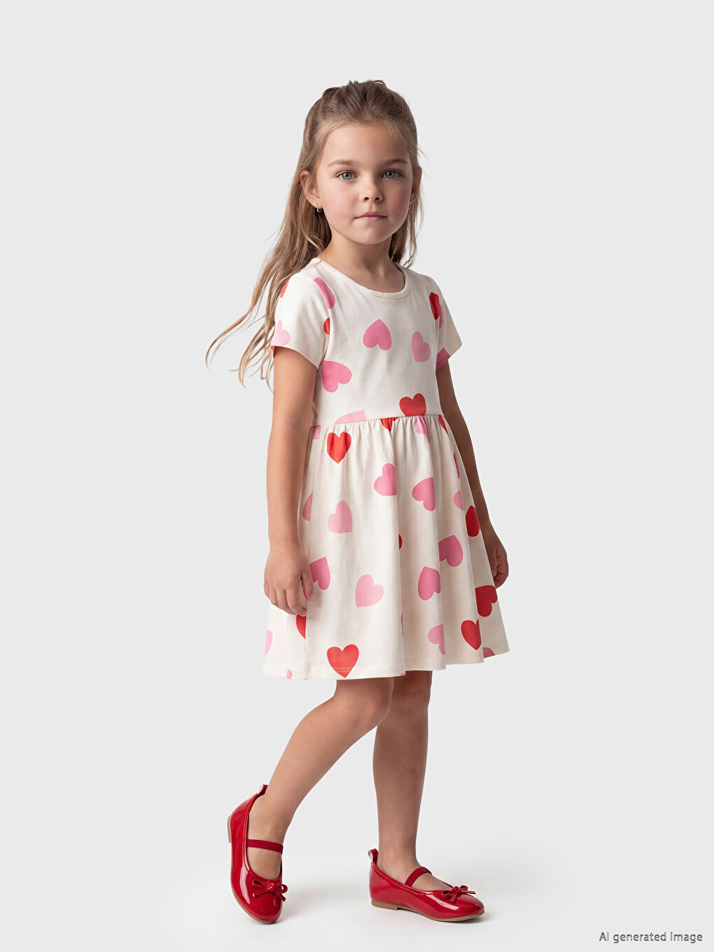Crew Neck Heart Print Girls' Jersey Dress