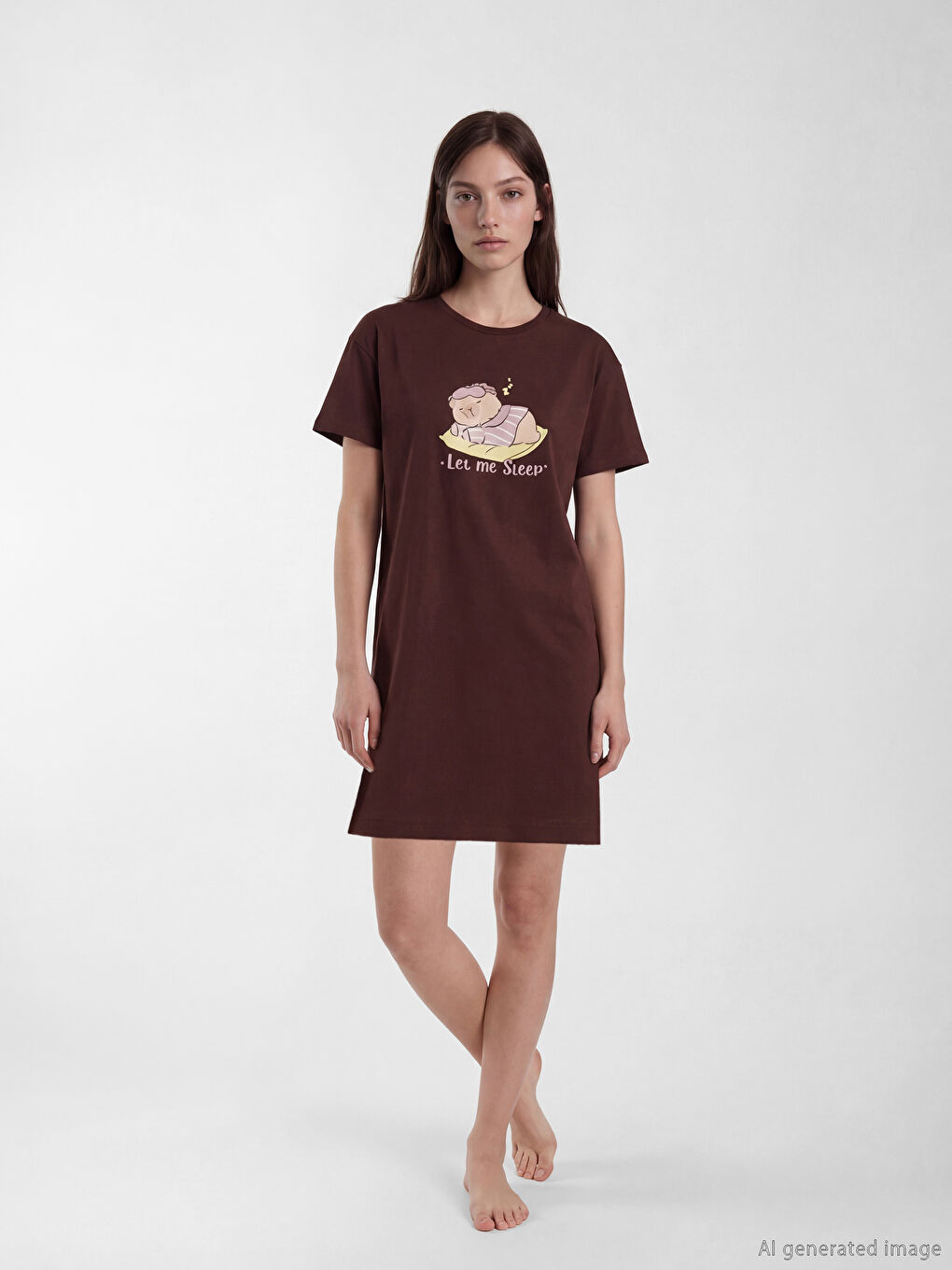 Kahverengi Bisiklet Yaka Baskılı Kadın Gecelik