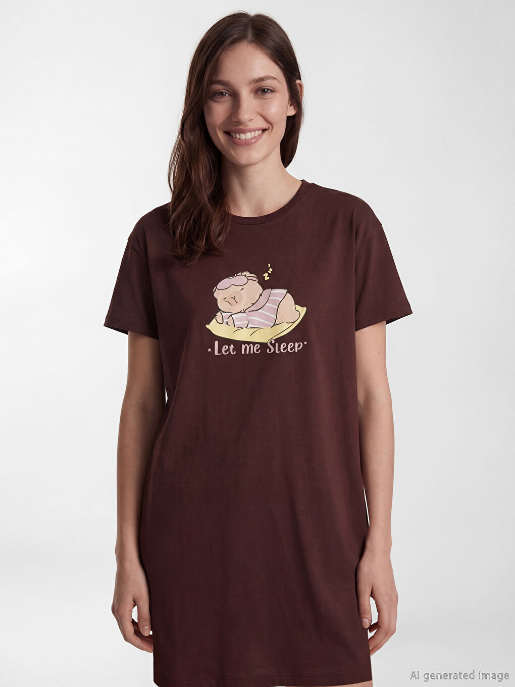 Kahverengi Bisiklet Yaka Baskılı Kadın Gecelik-1