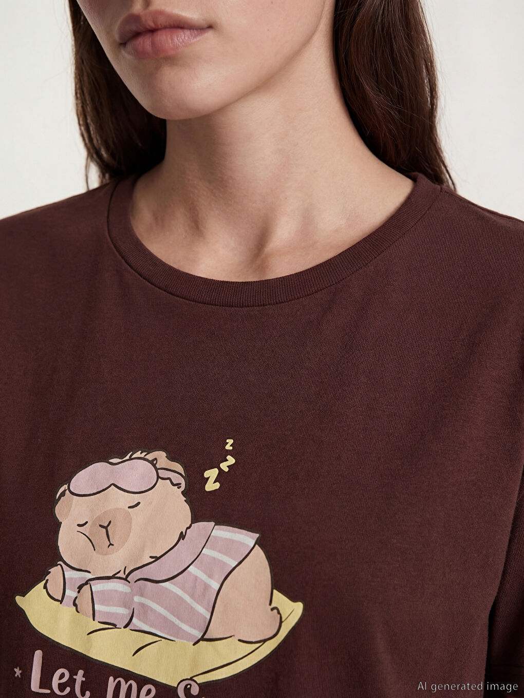 Kahverengi Bisiklet Yaka Baskılı Kadın Gecelik-2