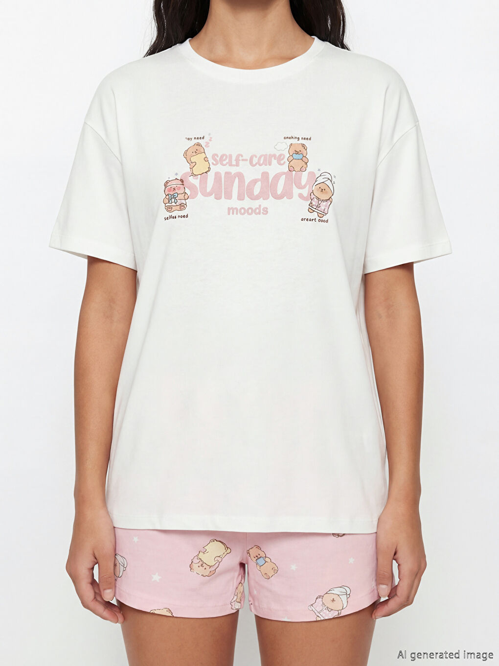 Pembe Bisiklet Yaka Baskılı Kadın Şortlu Pijama Takımı-1