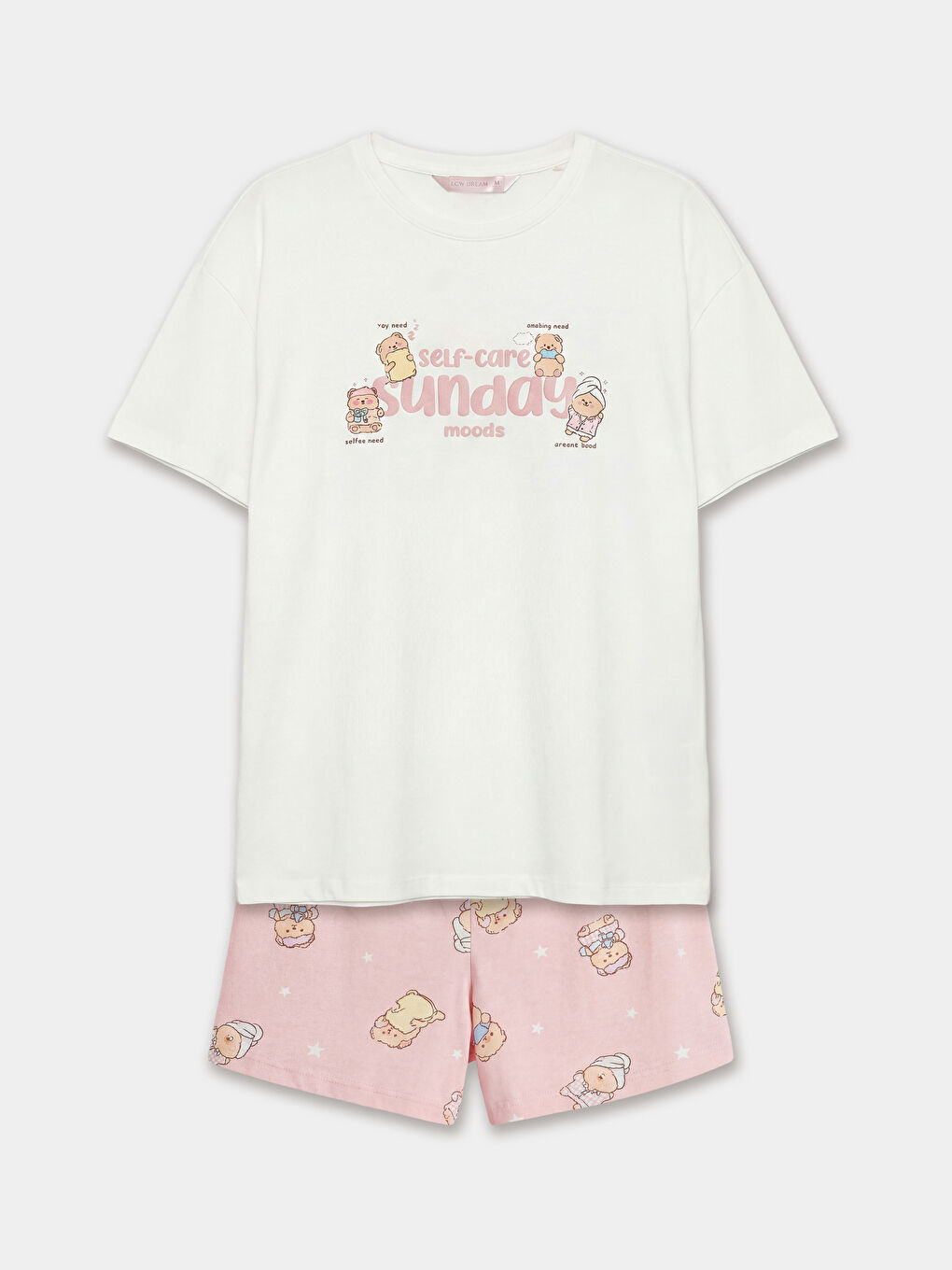 Pembe Bisiklet Yaka Baskılı Kadın Şortlu Pijama Takımı