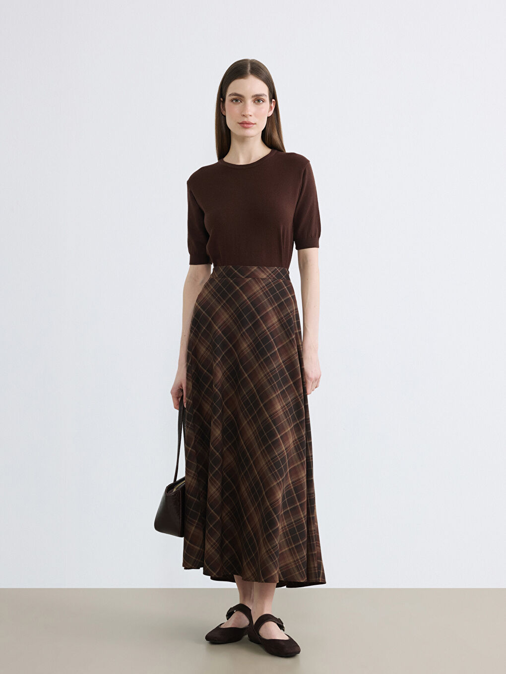 Kahverengi Beli Fermuarlı Ekose Kloş Etek	