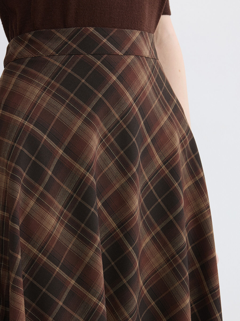 Kahverengi Beli Fermuarlı Ekose Kloş Etek	-2