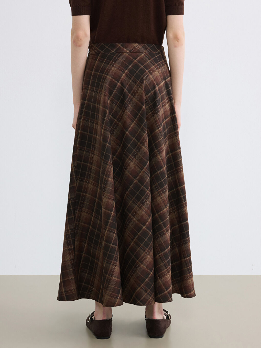 Kahverengi Beli Fermuarlı Ekose Kloş Etek	-3