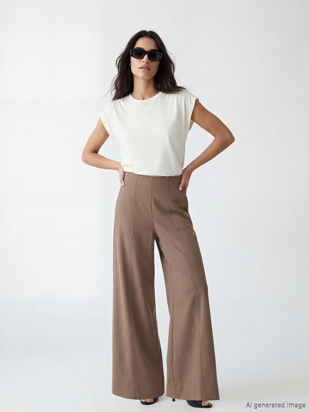 Kahverengi Beli Fermuarlı Geniş Paça Kadın Pantolon-1