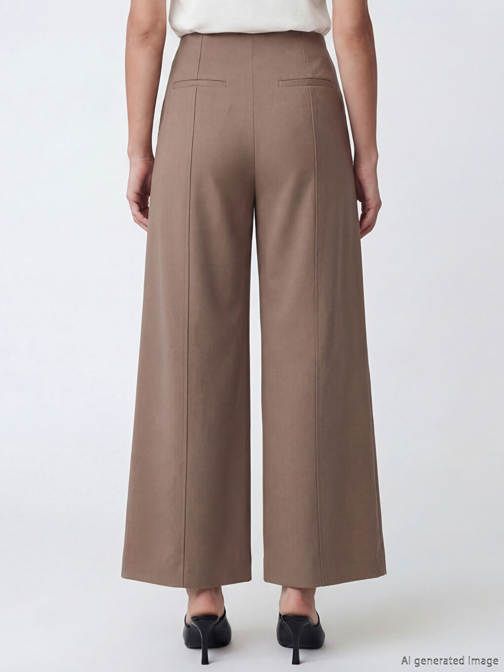 Kahverengi Beli Fermuarlı Geniş Paça Kadın Pantolon-2