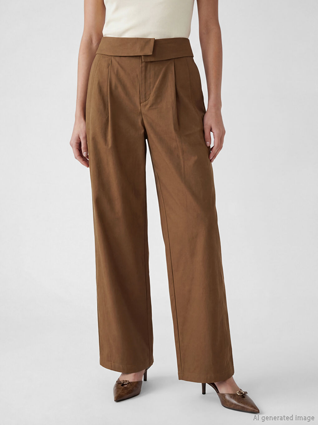 Kahverengi Yüksek Bel Geniş Paça Bol Fit Kadın Pantolon-1