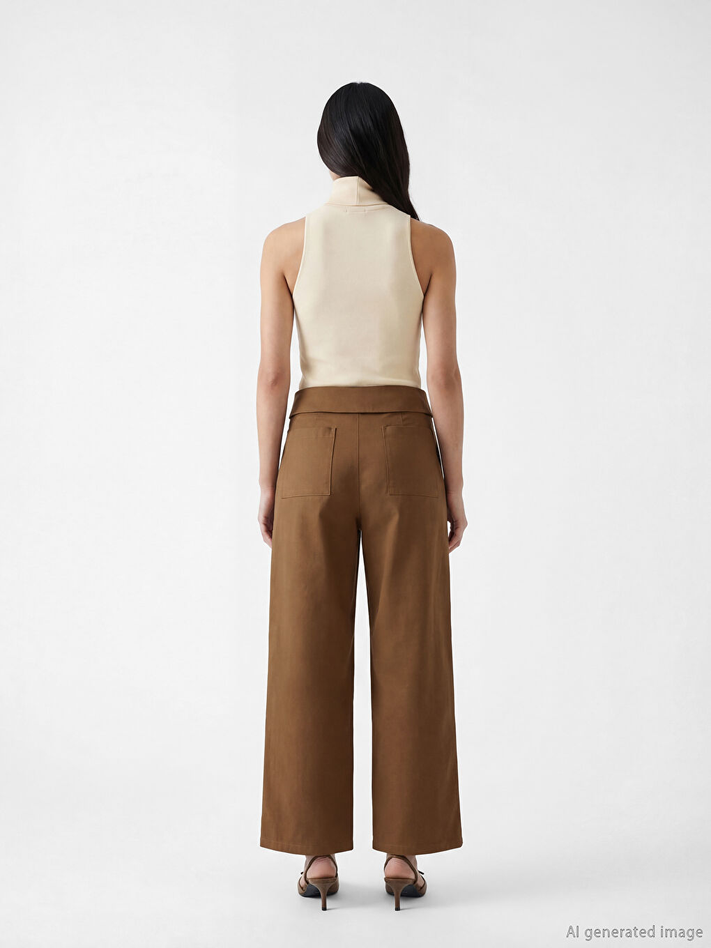 Kahverengi Yüksek Bel Geniş Paça Bol Fit Kadın Pantolon-3