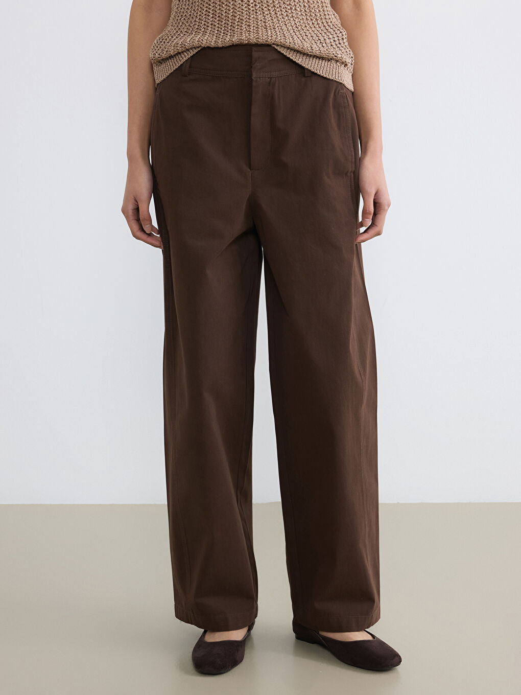 Kahverengi Geniş Paça Kadın Gabardin Pantolon-1