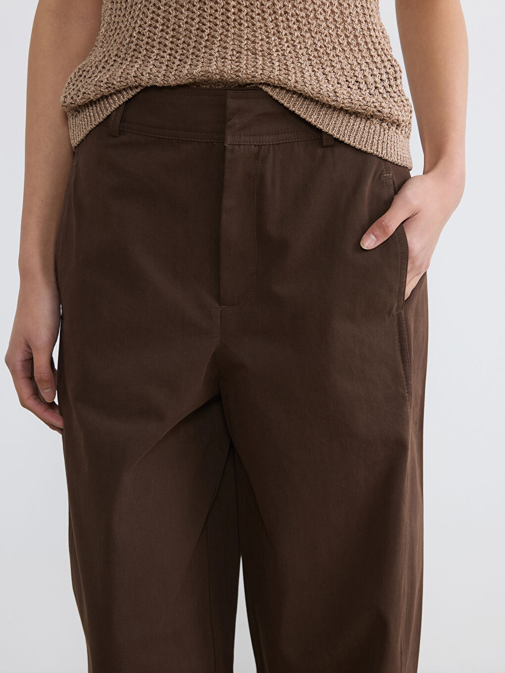 Kahverengi Geniş Paça Kadın Gabardin Pantolon-2