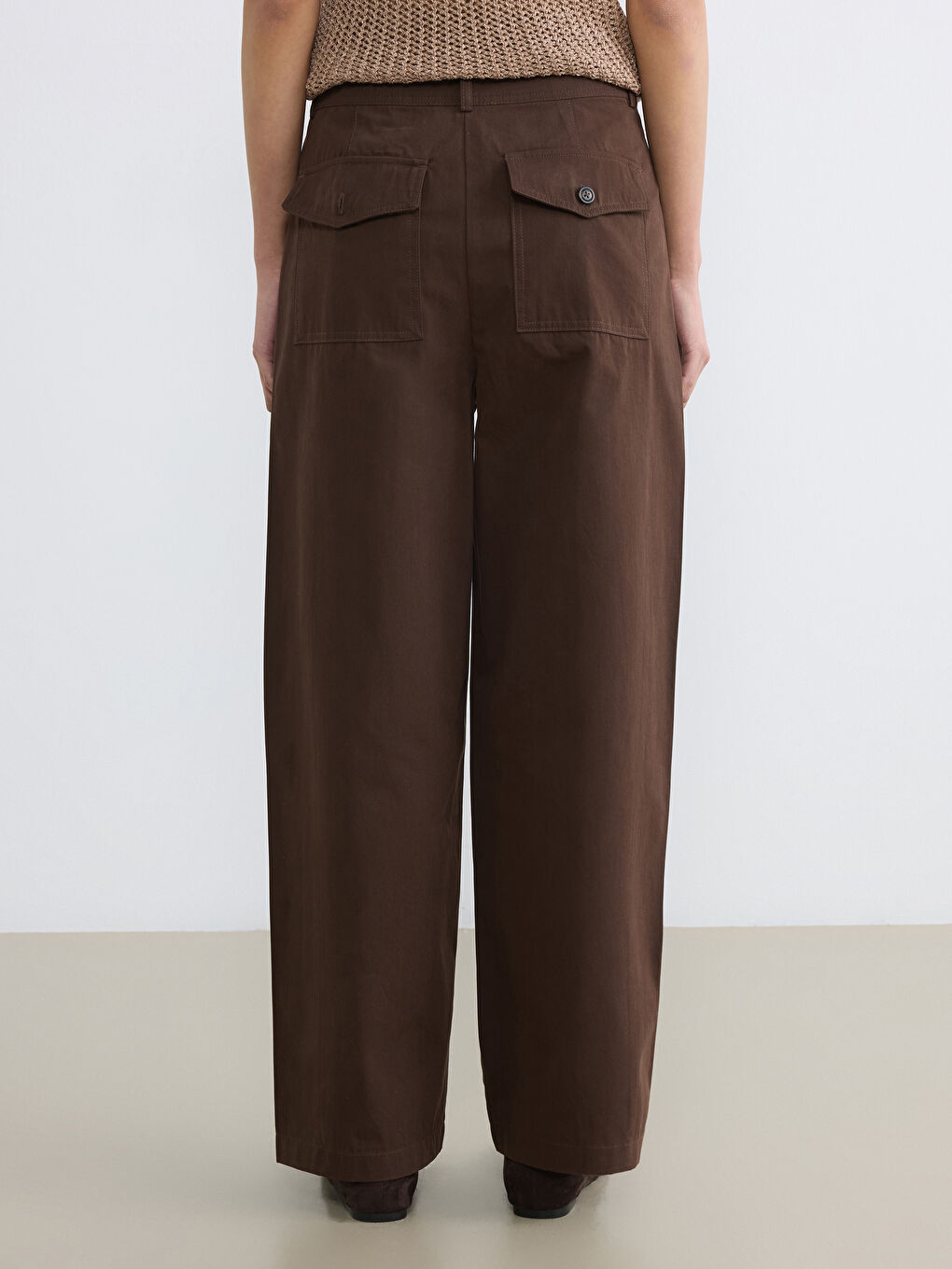 Kahverengi Geniş Paça Kadın Gabardin Pantolon-3