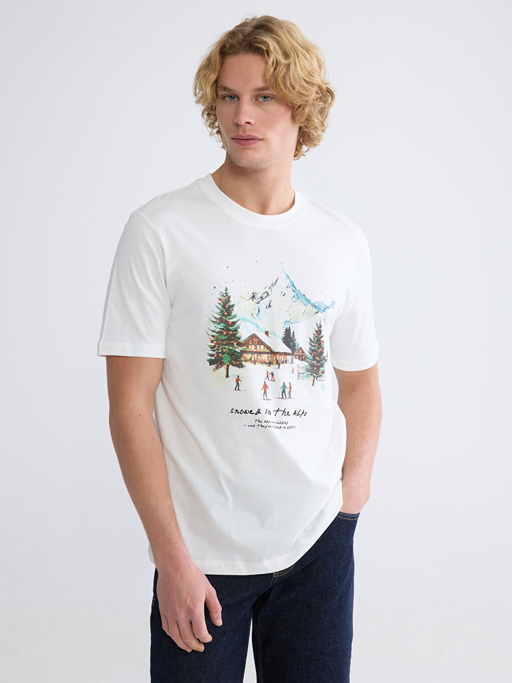 Ekru Bisiklet Yaka Baskılı Erkek Tişört