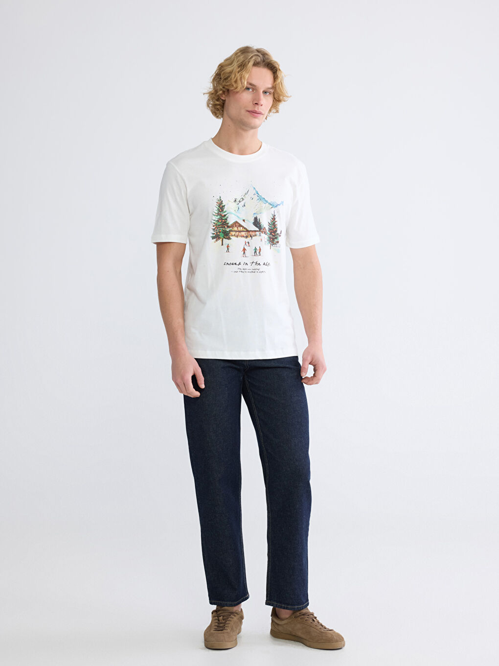 Ekru Bisiklet Yaka Baskılı Erkek Tişört-1