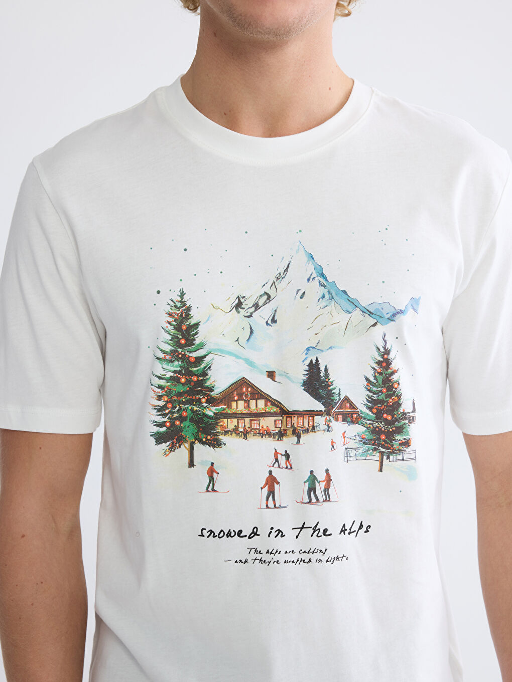 Ekru Bisiklet Yaka Baskılı Erkek Tişört-2