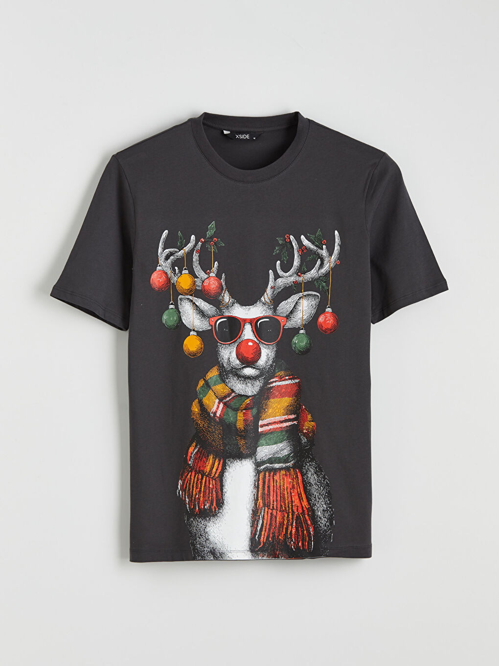 Antrasit Bisiklet Yaka Yılbaşı Temalı Erkek Tişört-4