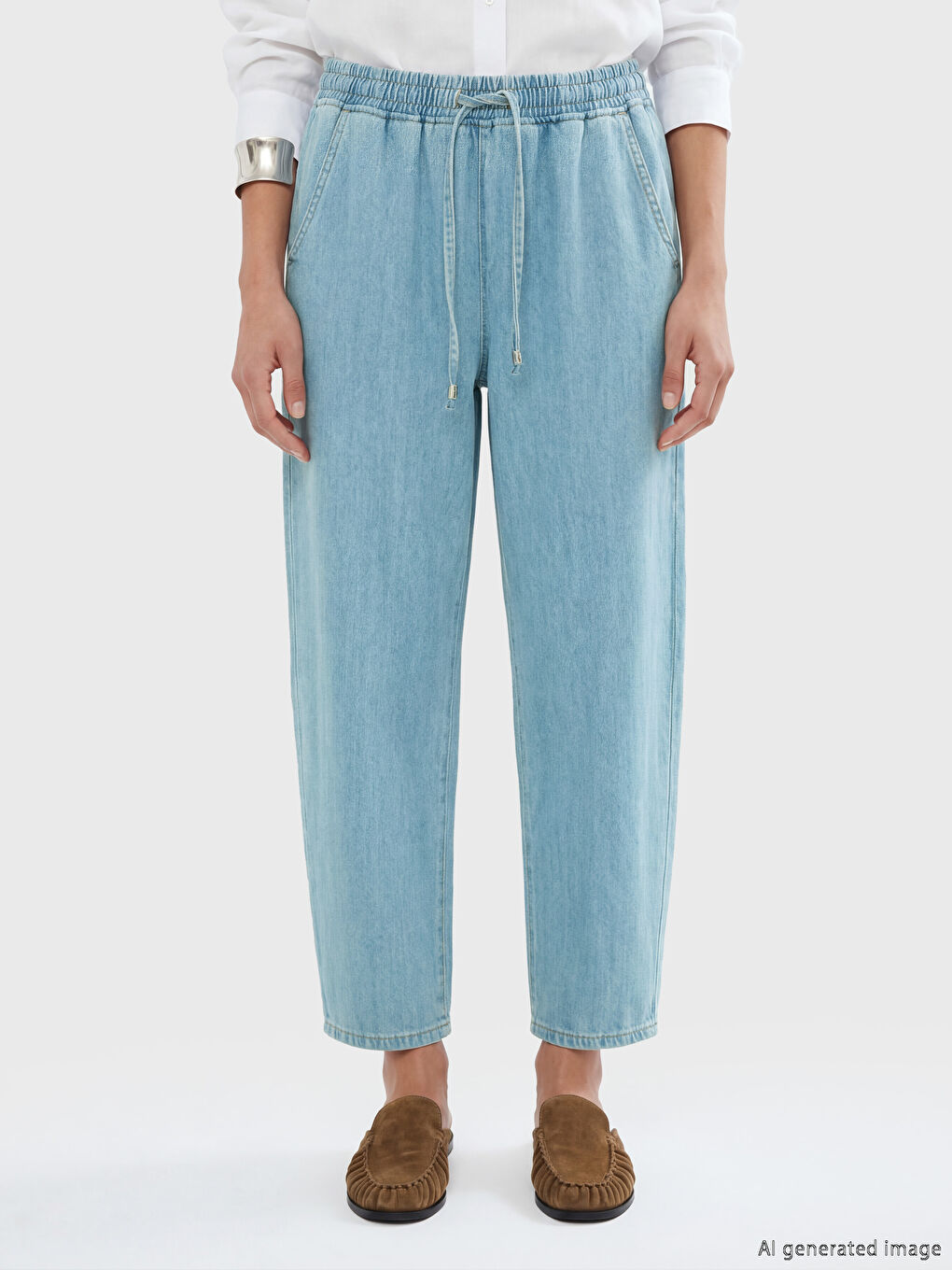 İndigo Beli Lastikli Balloon Fit Kadın Jean Pantolon-2