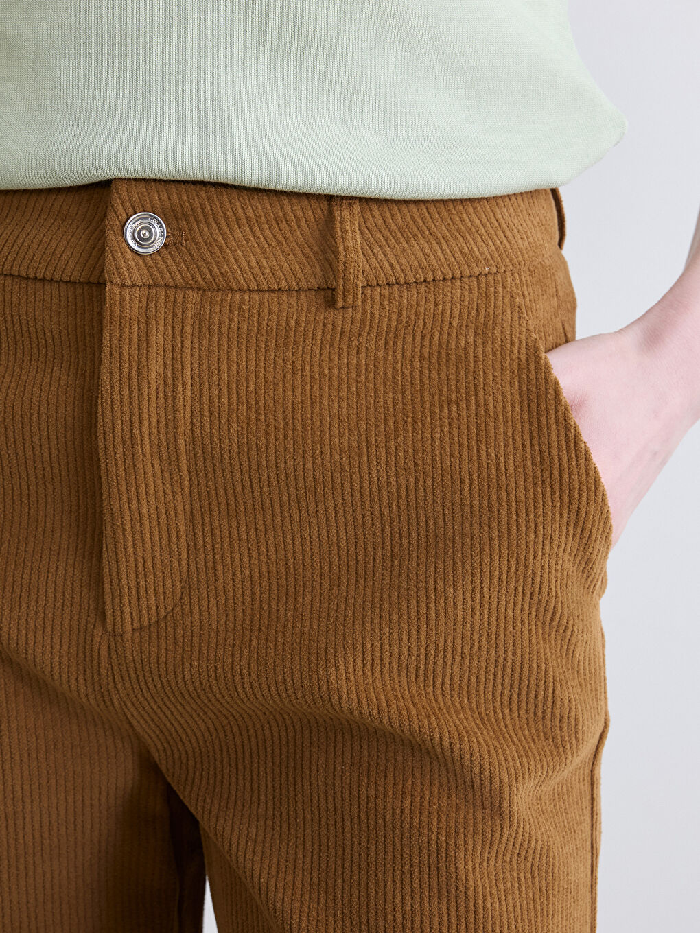 Bej Dar Fit Kadın Fitilli Kadife Pantolon-2