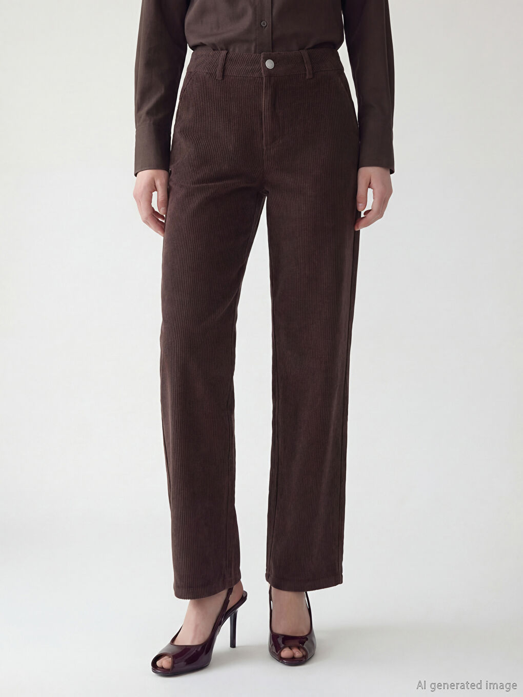 Kahverengi Dar Fit Kadın Fitilli Kadife Pantolon-1