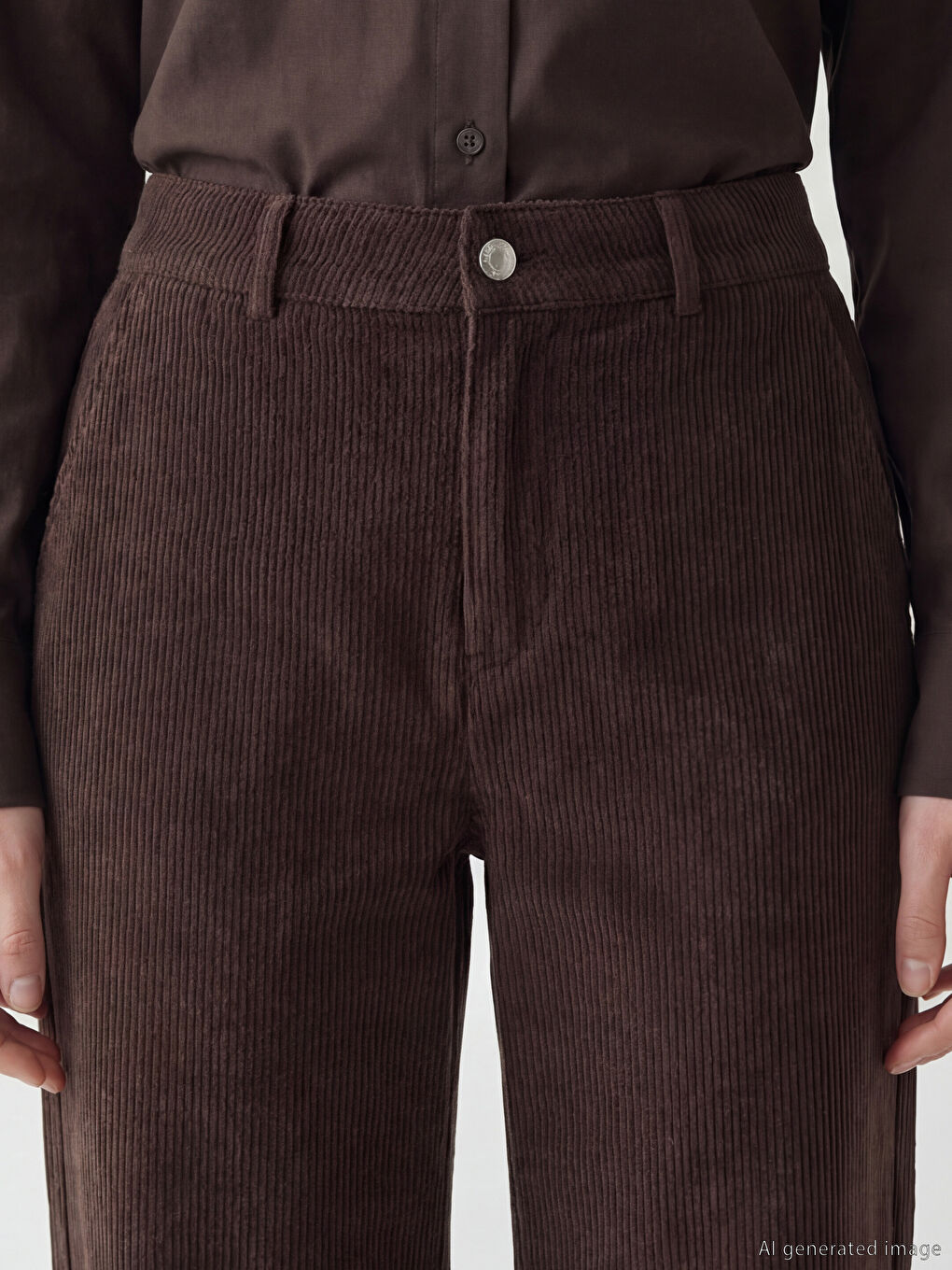Kahverengi Dar Fit Kadın Fitilli Kadife Pantolon-2