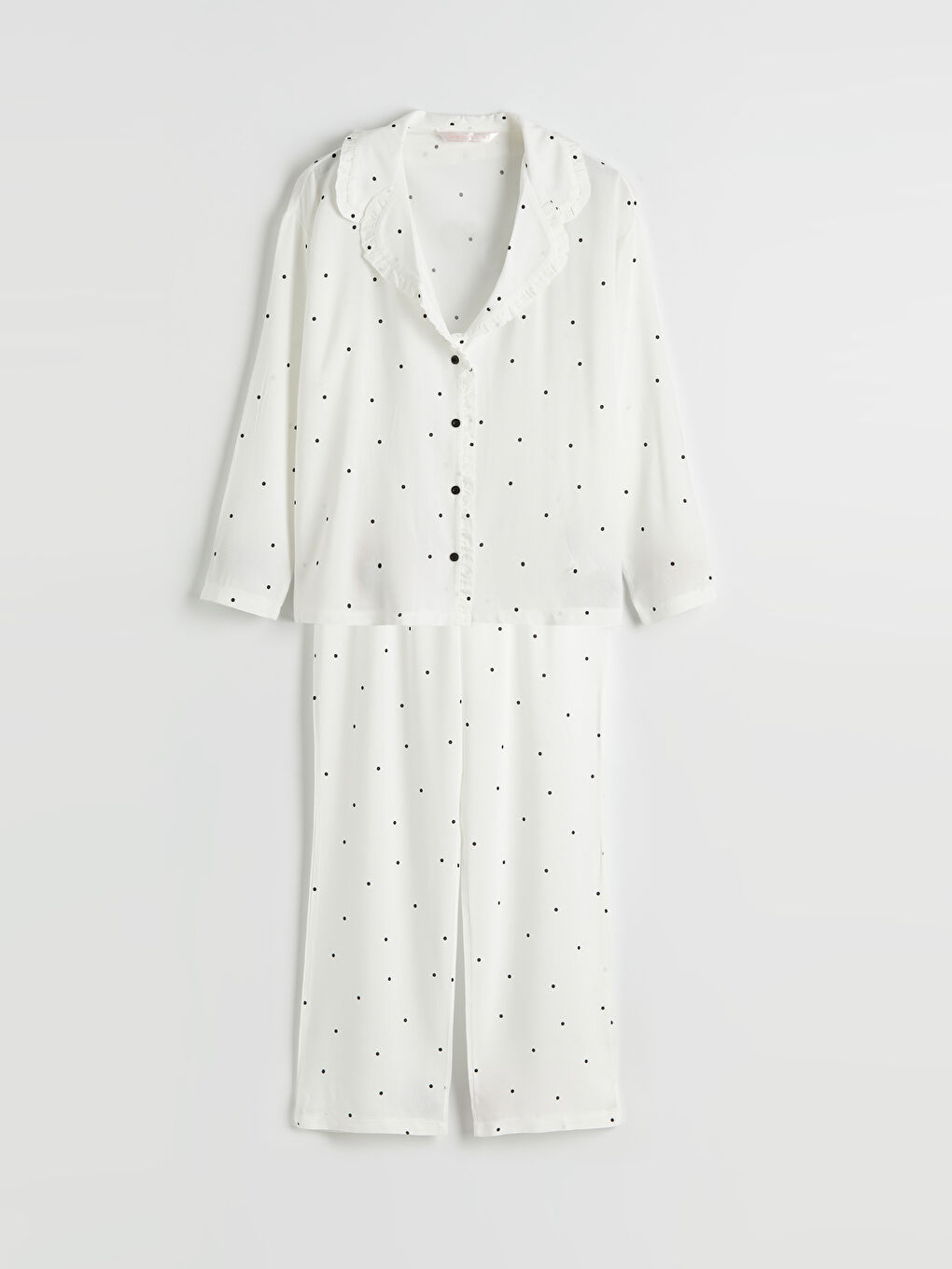 Ekru Gömlek Yaka Puantiyeli Kadın Pijama Takım