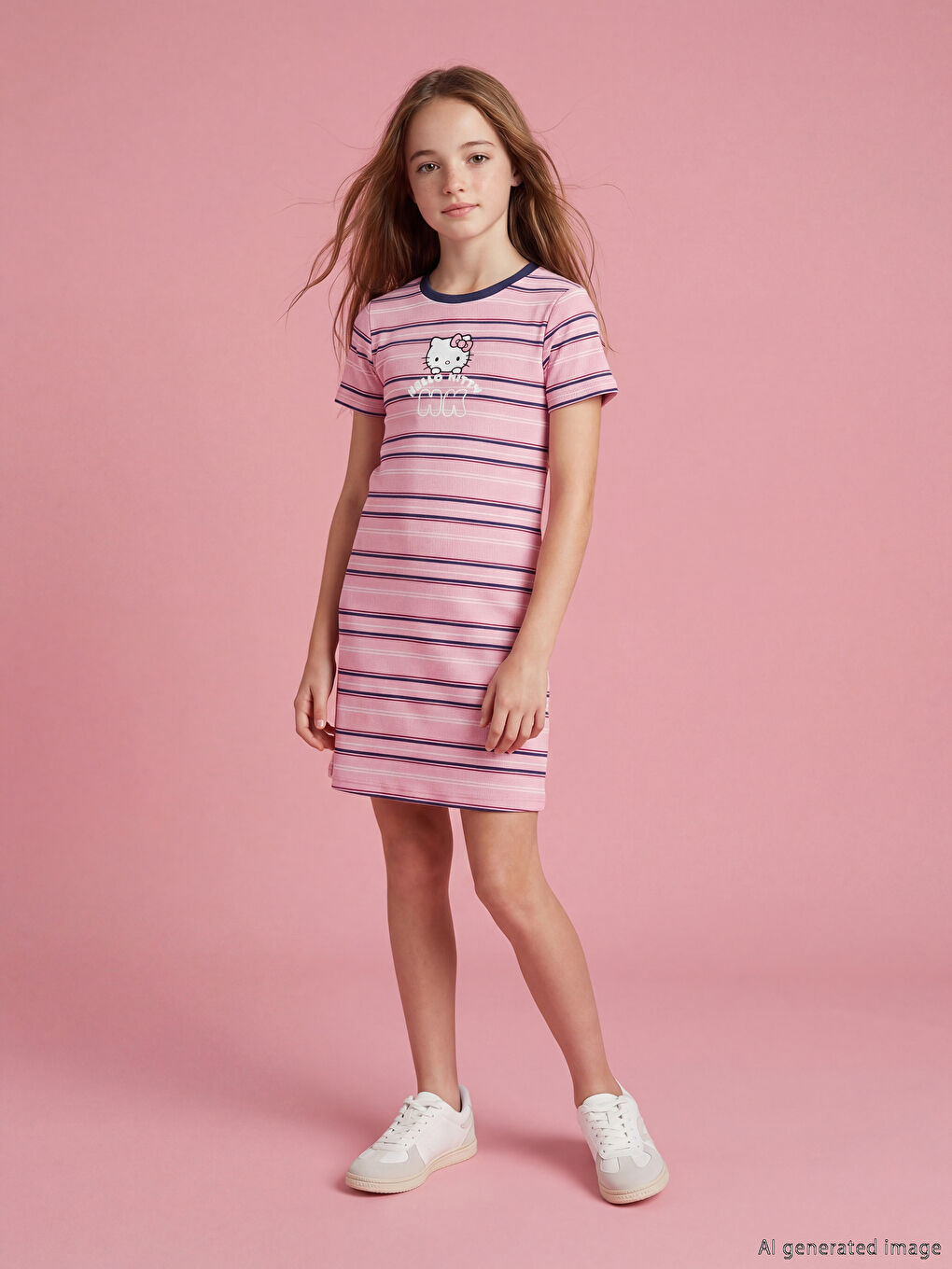 Pembe Hello Kitty Baskılı Kız Çocuk Fitilli Elbise