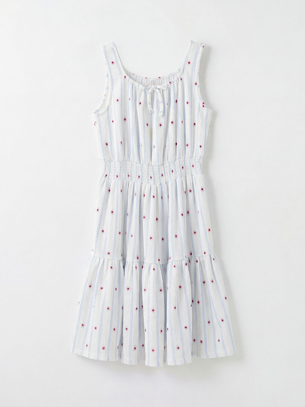 Mavi Kare Yaka Nakışlı Kız Çocuk Elbise