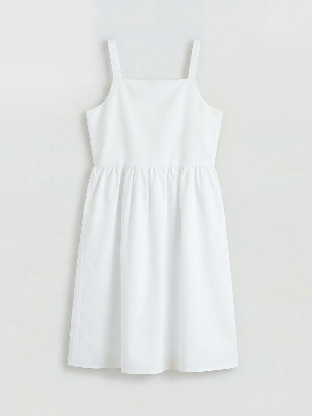 Beyaz Kare Yaka Askılı Kız Çocuk Poplin Elbise-1