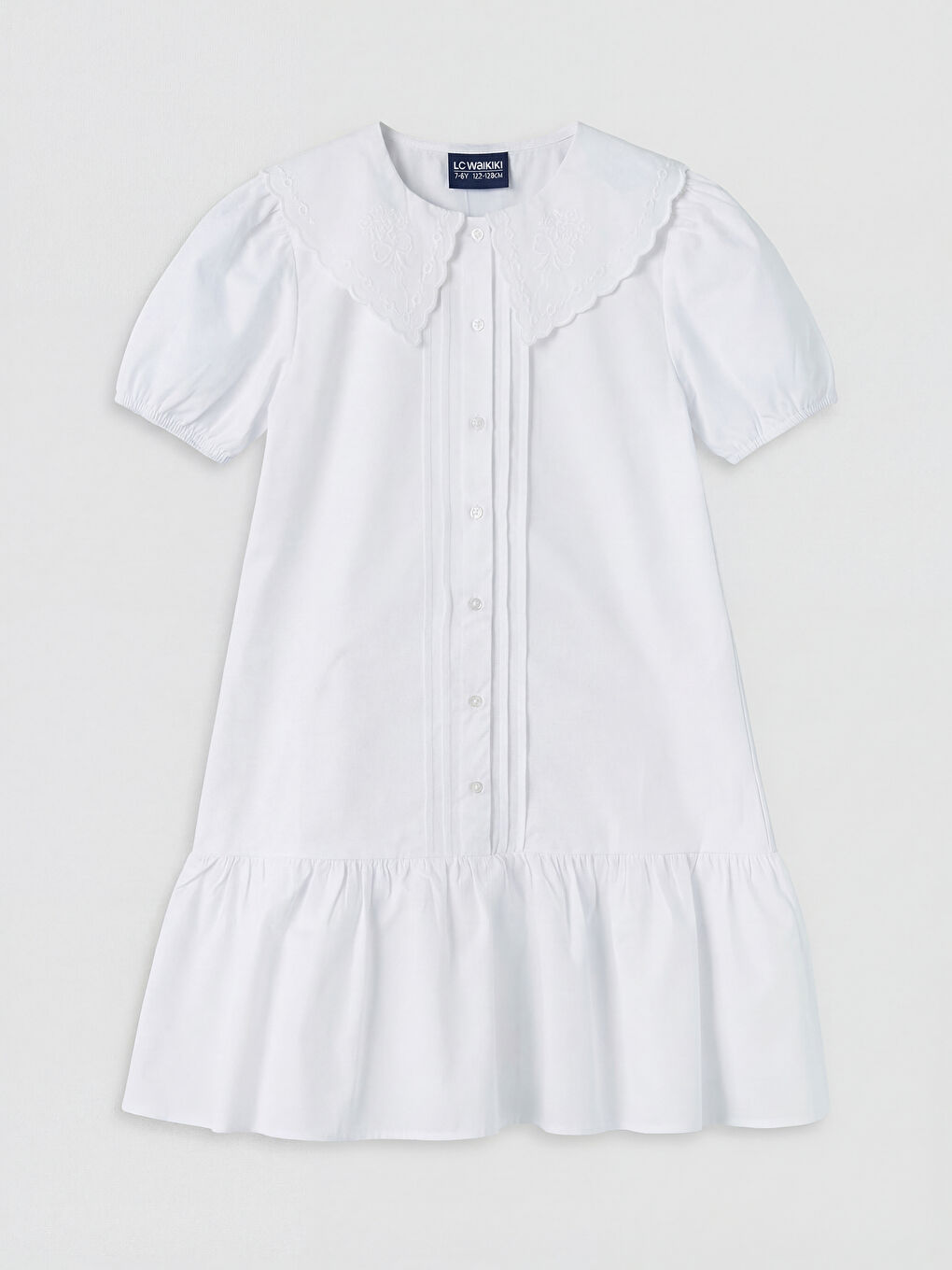 Beyaz Bebe Yaka Nakışlı Kız Çocuk Poplin Elbise