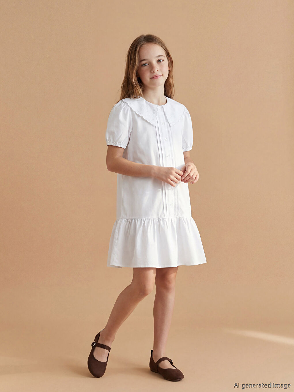 Peter Pan Collar Embroidered Girls' Poplin Dress