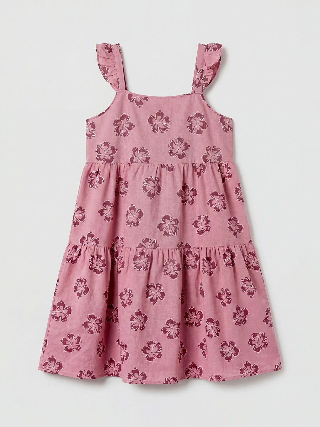 Pembe Kare Yaka Çiçekli Kız Çocuk Elbise