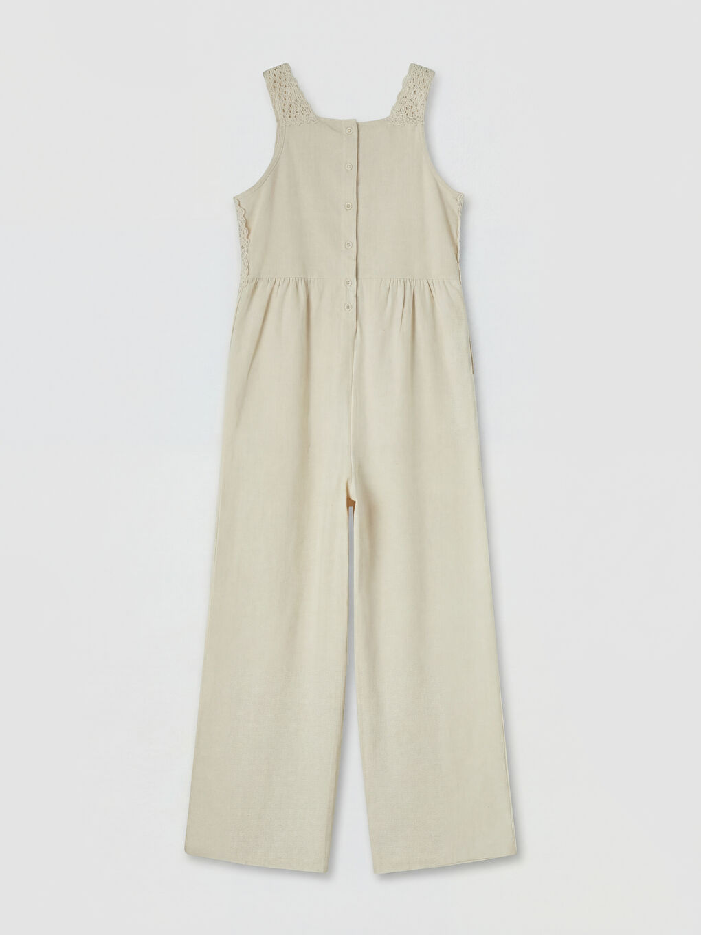 Ekru Dantel Detaylı Keten Karışımlı Kız Çocuk Tulum-1