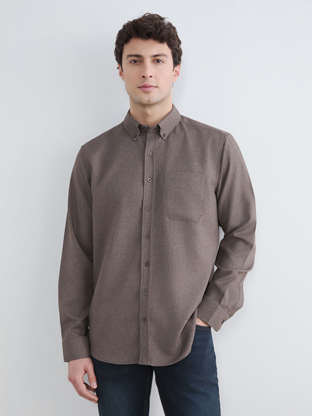 Kahverengi Regular Fit Gabardin Erkek Gömlek