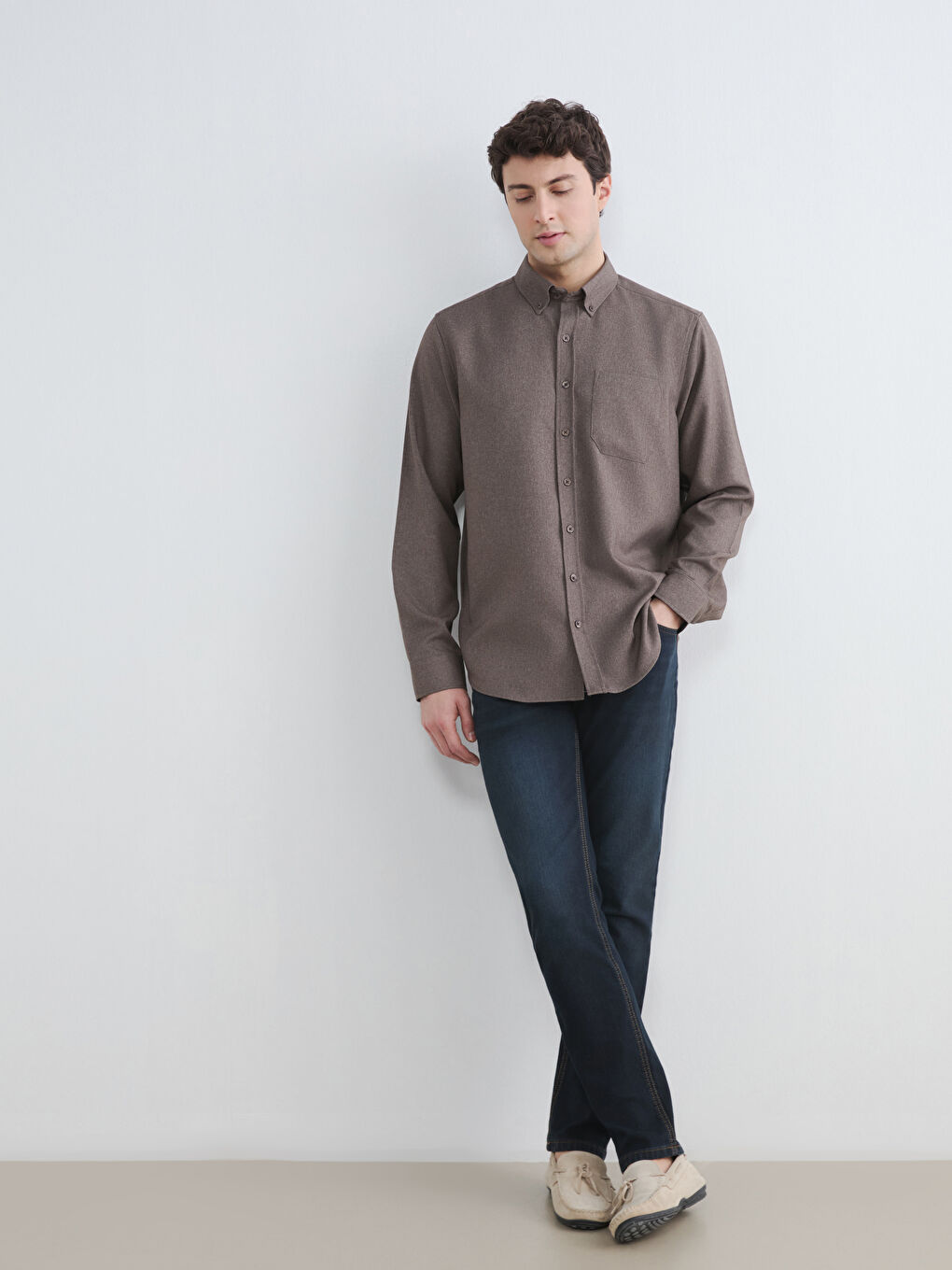 Kahverengi Regular Fit Gabardin Erkek Gömlek-1